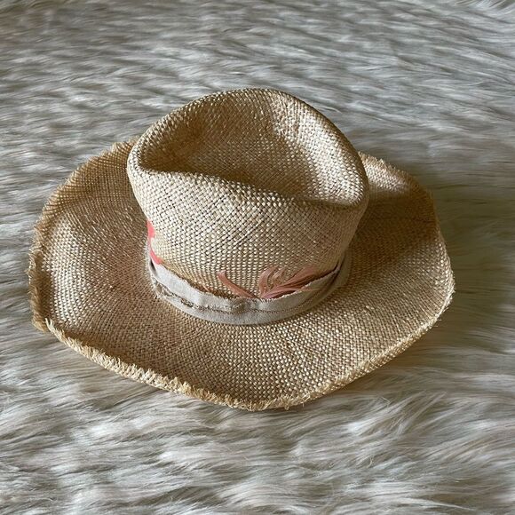 House of Lafayette Tan Straw cowgirl Hat with feathers. - Picture 3 of 11